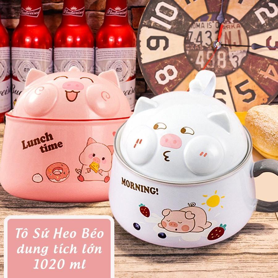 Bát Tô Sứ Có Nắp Hình Heo Béo Dung Tích Lớn 1020ml - Tô Ăn Mỳ, Phở, Cơm Văn Phòng Sinh Viên