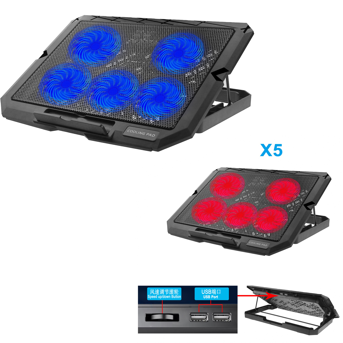 Đế Tản Nhiệt Laptop X5 5 Quạt Lớn Có Đèn Led 2 Cổng USB