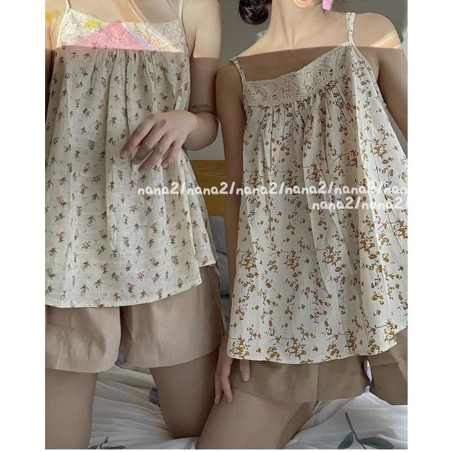 Set 2 Dây Ren Hoa Nhí Hồng LINHLA Nữ  Bộ quần đùi đũi áo babydoll thun vintage bánh bèo mặc ở nhà đi ngủ Ulzzang