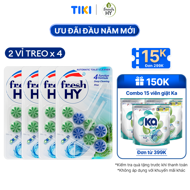 Combo 4 Viên Tẩy Bồn Cầu Fresh HY 350 Lần Xả, Làm Sạch Khuẩn & Ngăn Ngừa Mảng Bám, Khử Mùi Và Lưu Hương Thơm Mát (2 Vỉ Treo X4)