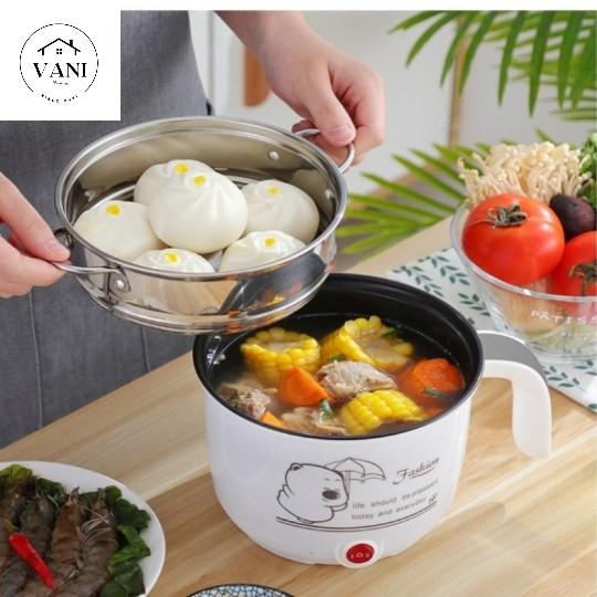 Nồi lẩu điện mini 1,8L có kèm vỉ hấp inox nắp thủy tinh - Ca nấu mì nấu cơm hấp trứng đa năng