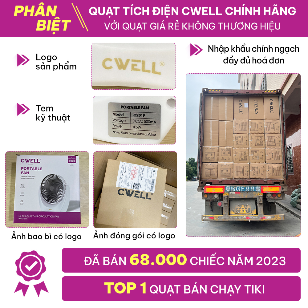 Quạt mini để bàn, quạt tích điện, quạt cầm tay chính hãng CWELL, động cơ không tiếng ồn, xoay 210 độ, pin khủng, bản mới