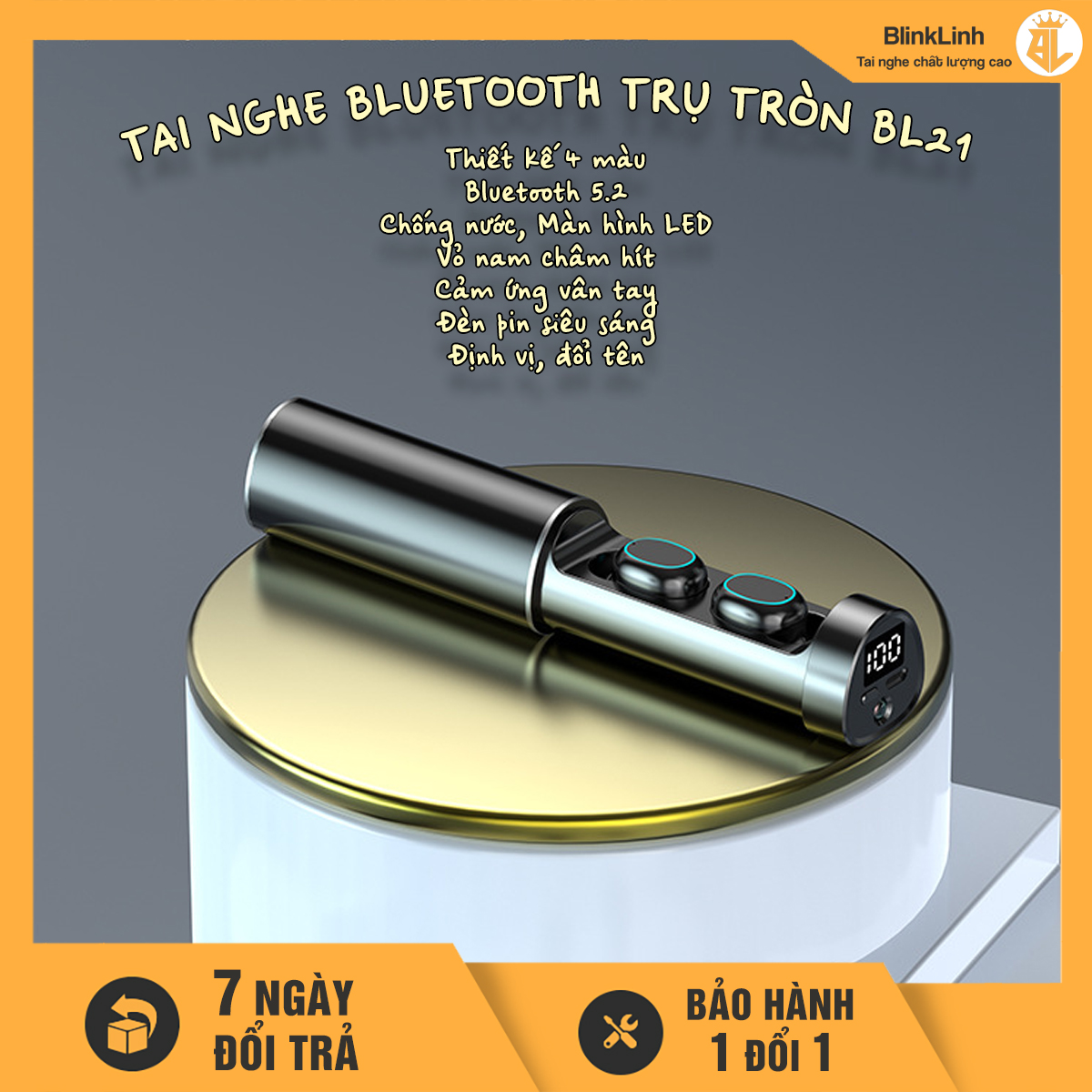 Tai nghe không dây Bluetooth 5.2 chống nước Trụ Tròn BL21, định vị, đổi tên, thao tác chạm cảm ứng, đèn pin, dùng cho các dòng điện thoại và laptop [Hỏa Tốc]