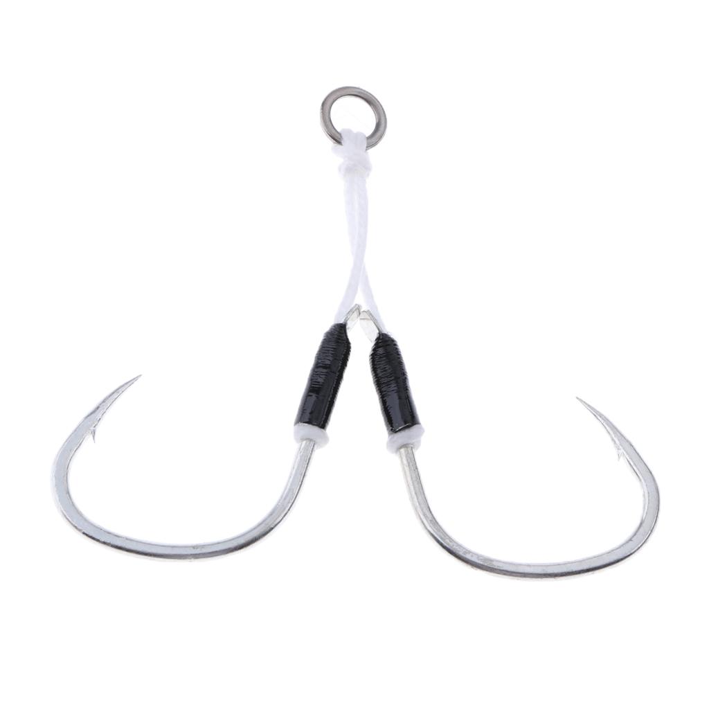 2 Pieces Carbon Steel Fishing Jig Hooks Barbed Assist Hooks with PE Line A