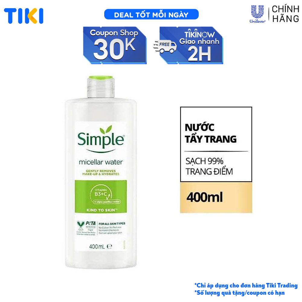 Nước tẩy trang Simple Micellar làm sạch trang điểm vượt trội - không chứa cồn gây khô rát 400ml [CHÍNH HÃNG ĐỘC QUYỀN]