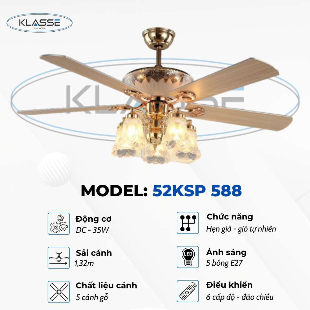 Quạt trần chùm đèn Klasse 52KSP 588 Hàng chính hãng