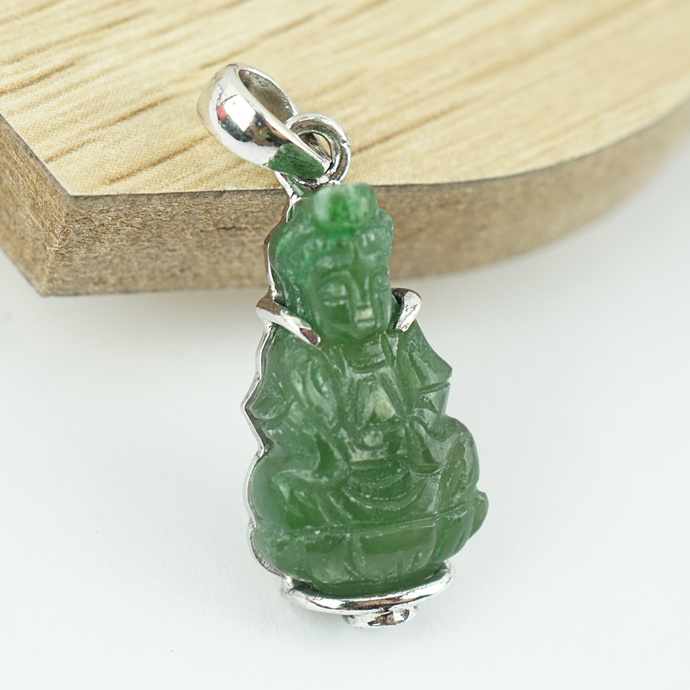  Mặt dây chuyền đá ngọc bích Nephrite Quan Âm Bồ Tát Khung Bạc