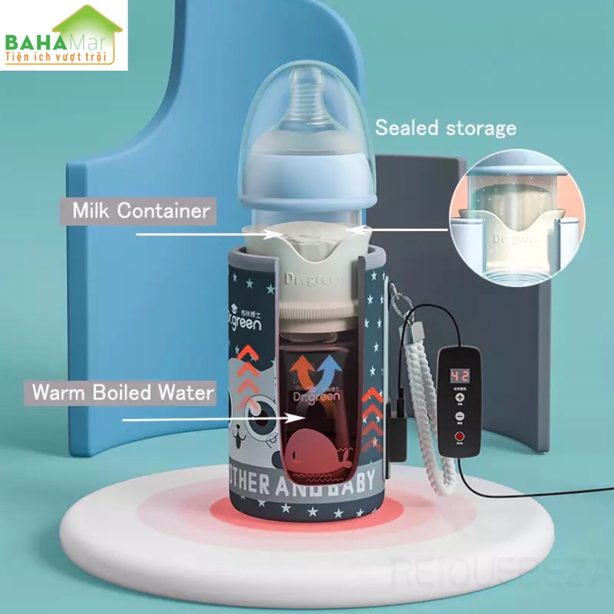 BÌNH SỮA KÈM Ủ TỰ ĐỘNG PHA NHANH "BAHAMAR" Có ngăn chứa sữa riêng biệt, khi cần ấn nhả để lắc pha nhanh trong tích tắc. Có thể điều chỉnh nhiệt độ , có thể hâm sữa, nhiệt độ không đổi.
