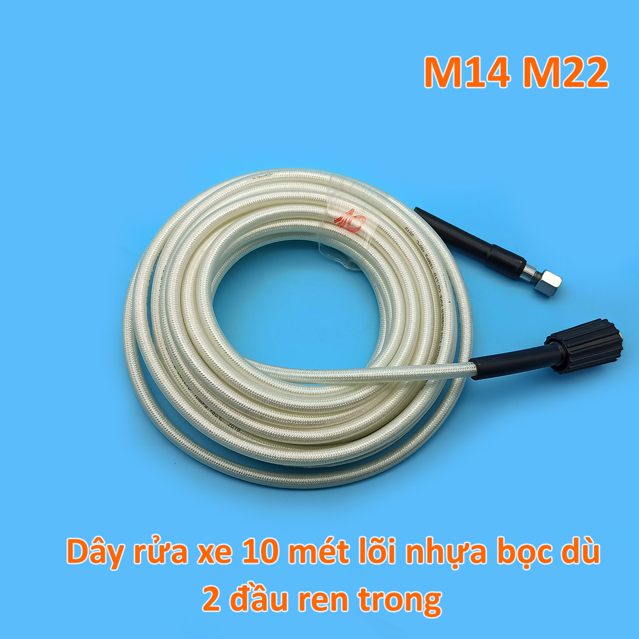 Dây rửa xe áp lực 16MPa 10m, lõi nhựa bọc dù, một đầu ren trong to M22, một đầu ren trong nhỏ M14