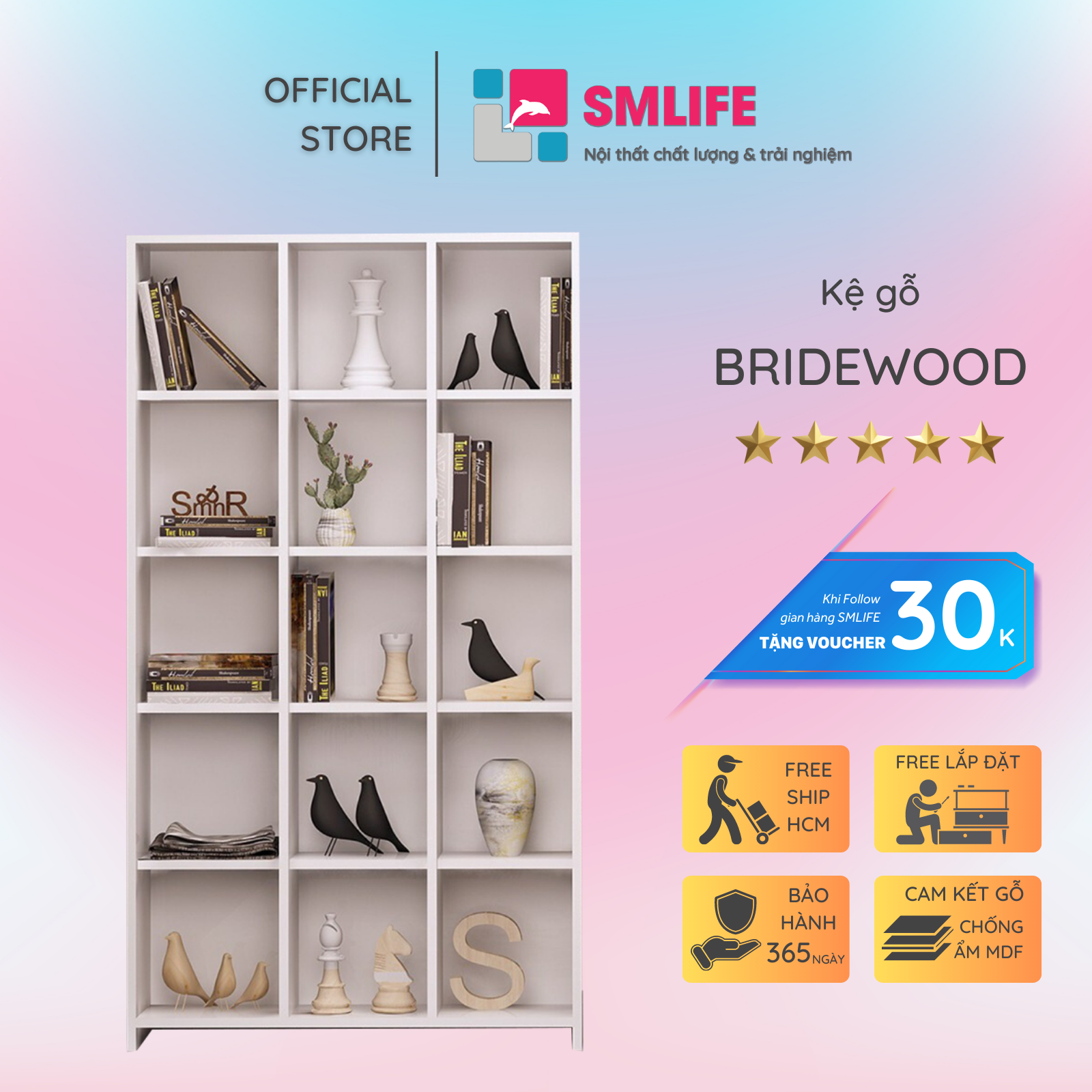 Kệ sách, kệ trang trí gỗ hiện đại SMLIFE Bridewood | Gỗ MDF dày 17mm chống ẩm | D90xR25xC160cm