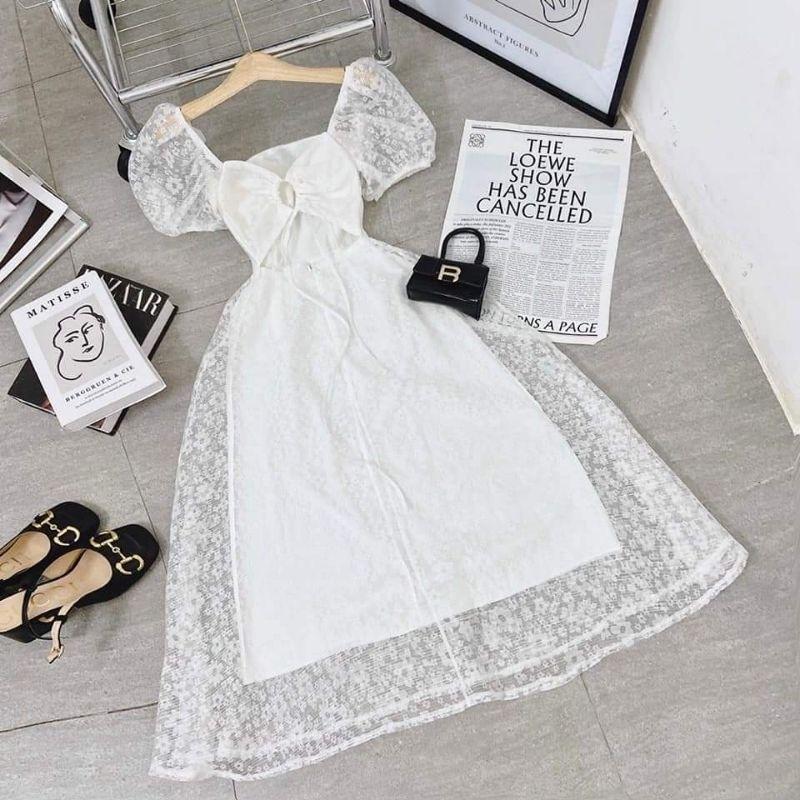 ĐẦM REN HOA TRẮNG DÁNG DÀI XÒE