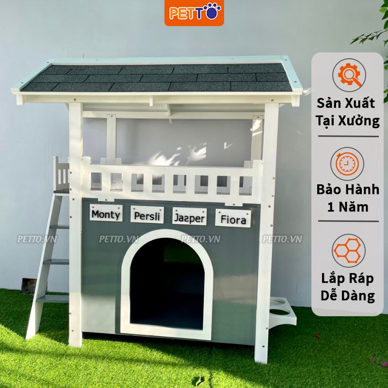 Nhà cho chó ngoài trời bằng GỖ thiết kế chắc chắn 2 tầng có BAN CÔNG cho chó vui chơi BẢO HÀNH 1 NĂM DH019