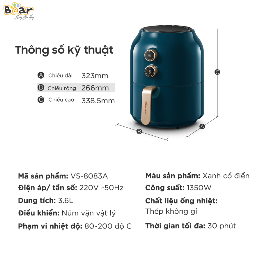 Nồi chiên không dầu 3.5L Bear Air Fryer VS-8083A - Đa chức năng, tự động thông minh - Bảo hành 18 tháng