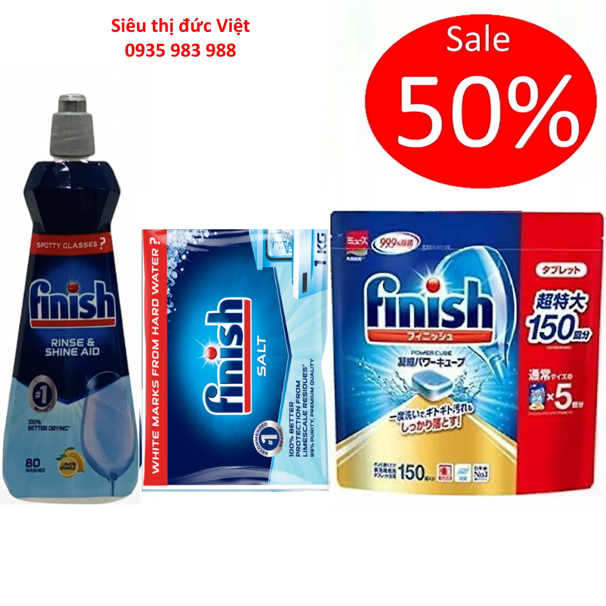 Combo Viên rửa bát Finish Nhật 150 viên + Muối rửa bát Finish 1kg + Nước làm bóng và khô bát 400ml dùng cho máy rửa bát