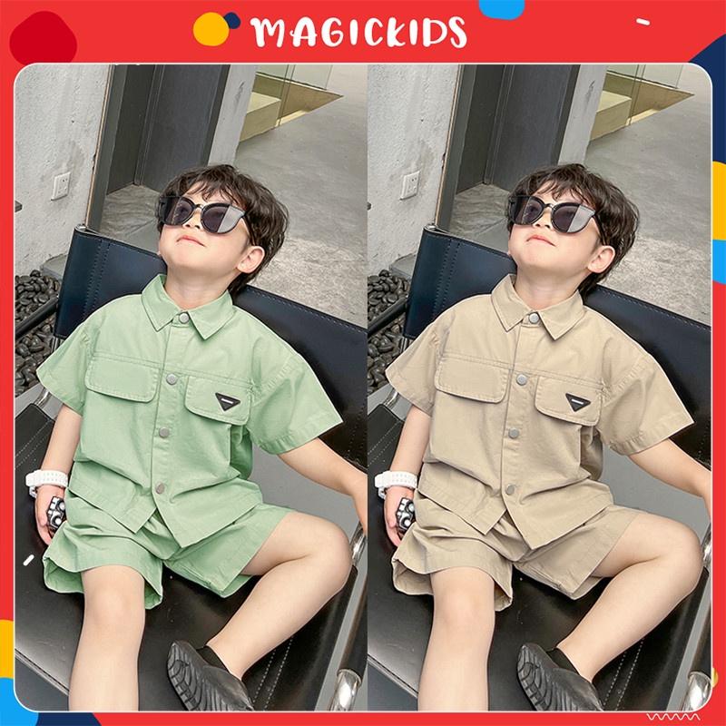 Đồ bộ cộc tay size đại cho bé trai 12-34kg áo sơ mi quần đùi Hàn Quốc Magickids Quần áo trẻ em mùa hè BR22016