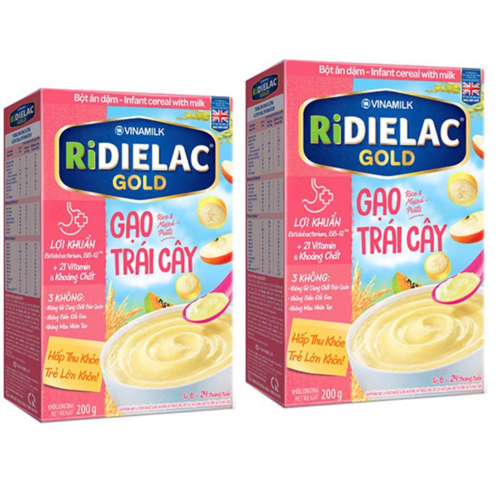 Combo 2 hộp BỘT ĂN DẶM  RIDIELAC GOLD GẠO TRÁI CÂY -  HỘP GIẤY 200G