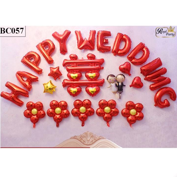 Bóng chữ happy wedding + chữ hỷ + hoa