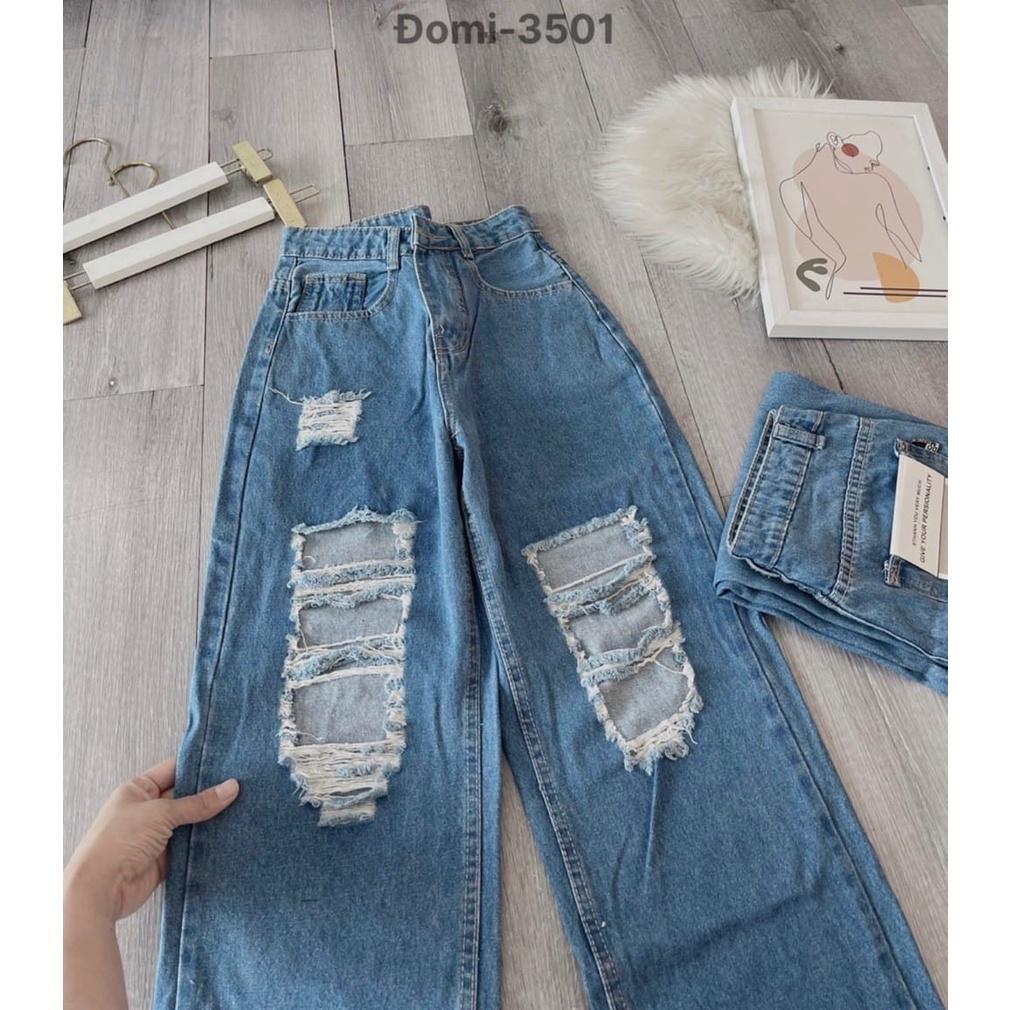 Quần baggy jean ống suông rách gối thời trang