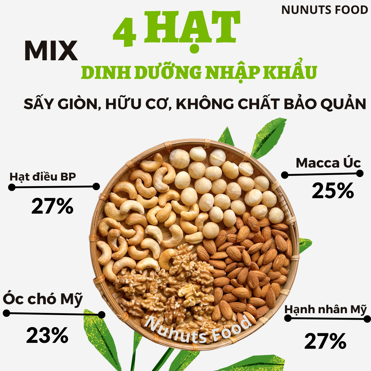 Mix hạt dinh dưỡng cho bà bầu gồm 4 loại tách vỏ sấy giòn, nướng mật ong, làm sữa.