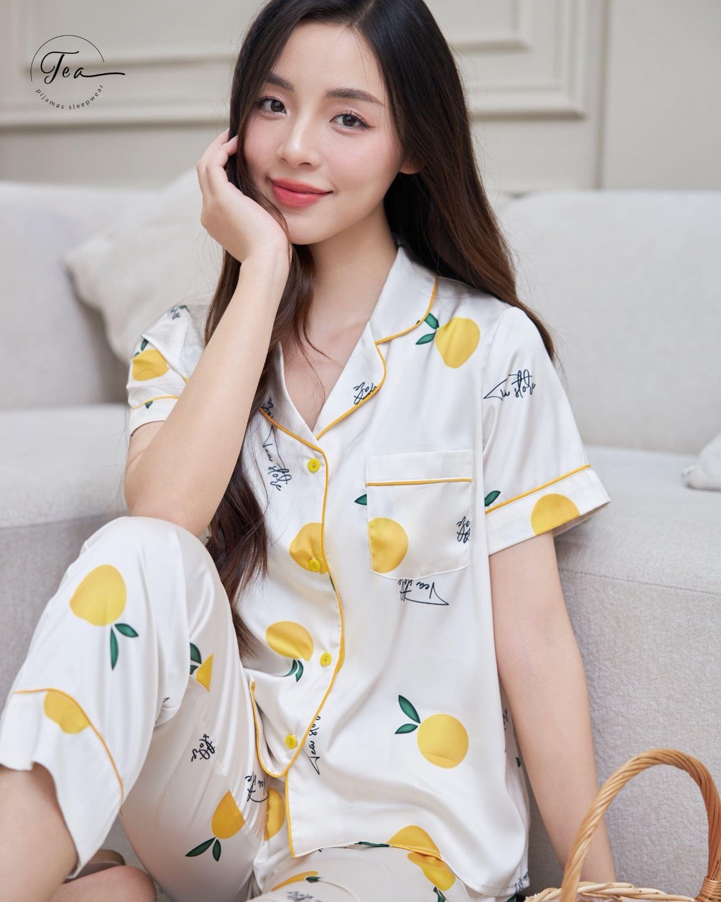 Bộ mặc nhà Pyjama lụa cao cấp Tea Store tay ngắn quần dài họa tiết quả cam xinh xắn
