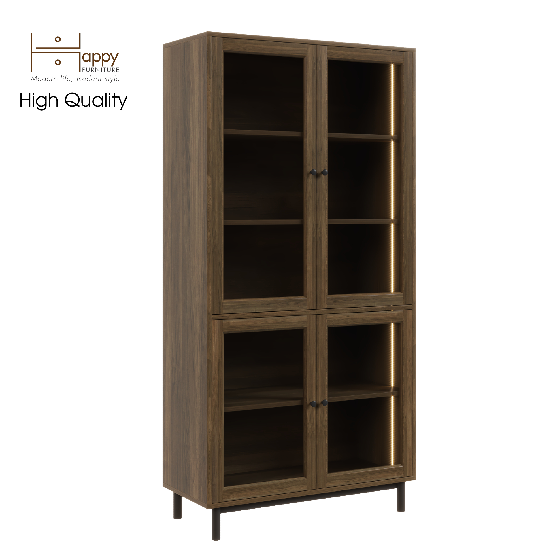 [Happy Home Furniture] CATY, Kệ sách 5 tầng cửa kính - đèn LED - chân sắt, 90cm x 39cm x 180cm (DxRxC), KSA_020_LED