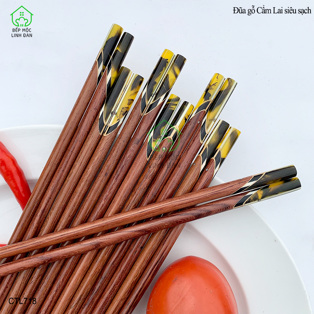 (5 Đôi) Đũa Gỗ Cẩm Lai Tự Nhiên - Đầu Cẩn Thạch Chéo Vân Vàng [CTL718-5]