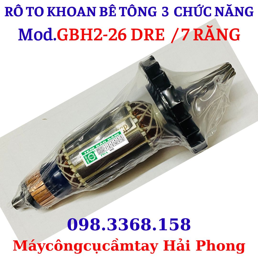 Rô to máy khoan Bê tông 3 chức năng 'Bo$ch' mod.'GBH 2-26 DRE' ,  'DCA' mod."AZC05-26B' .... Rotor 7 rănr dấu Huyền . Hiệu  CF - BR Hộp trắng