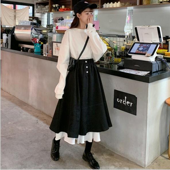 Chân váy dài ulzzang xòe vạt lệch phối đen trắng - Chân váy nữ phối 2 màu cạp cao ulzzang Hàn Quốc