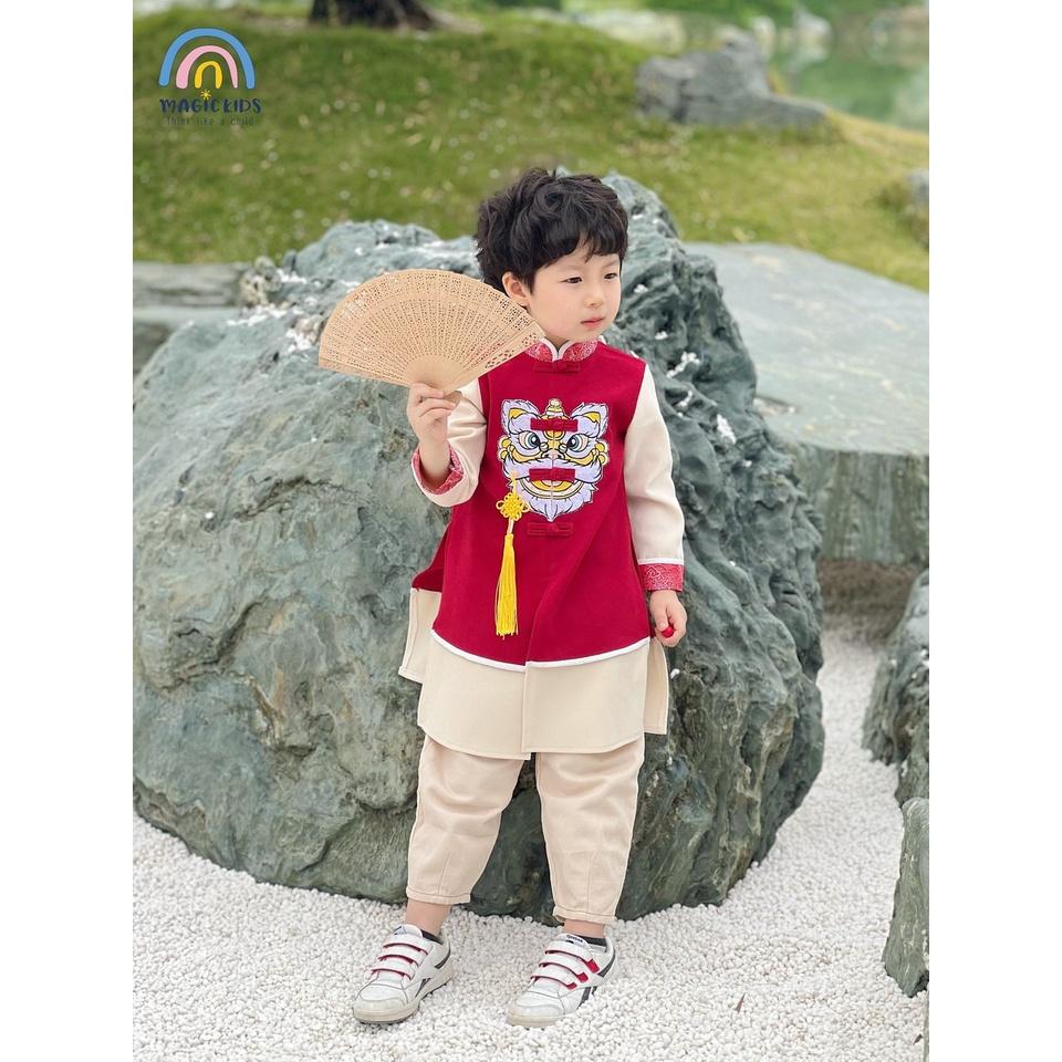 Áo dài bé trai Magickids dáng cách tân thêu lân sư kèm dây khánh chất nhung tăm mẫu mới Tết 2023 Quần áo trẻ em AD22002