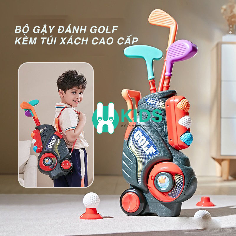 Bộ đồ chơi gậy đánh golf mini cỡ lớn cho bé vui chơi vận động bao gồm cả túi xách có bánh xe dễ di chuyển