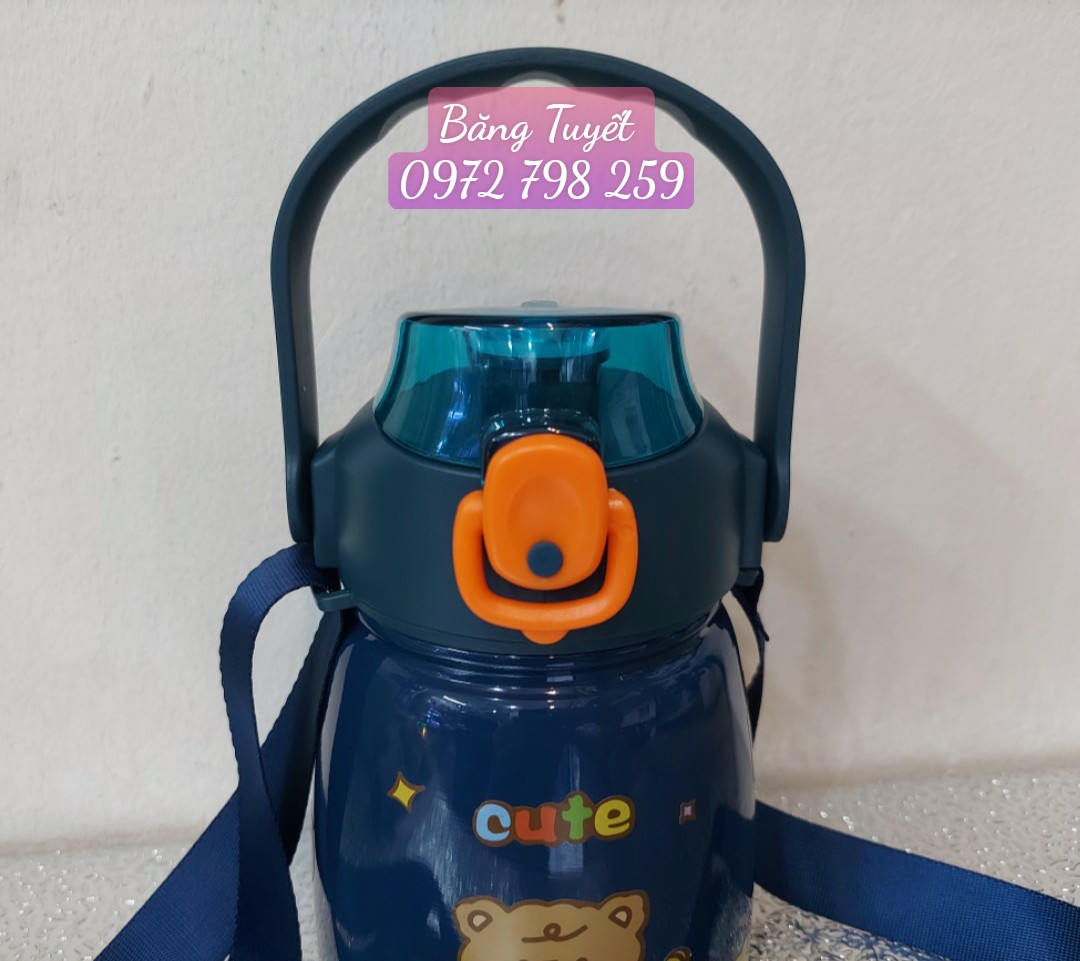 Bình giữ nhiệt cute có dây đeo có ống hút inox 304 tặng sticker 1100ml Bình giữ nhiệt cho bé có ống hút dễ thương