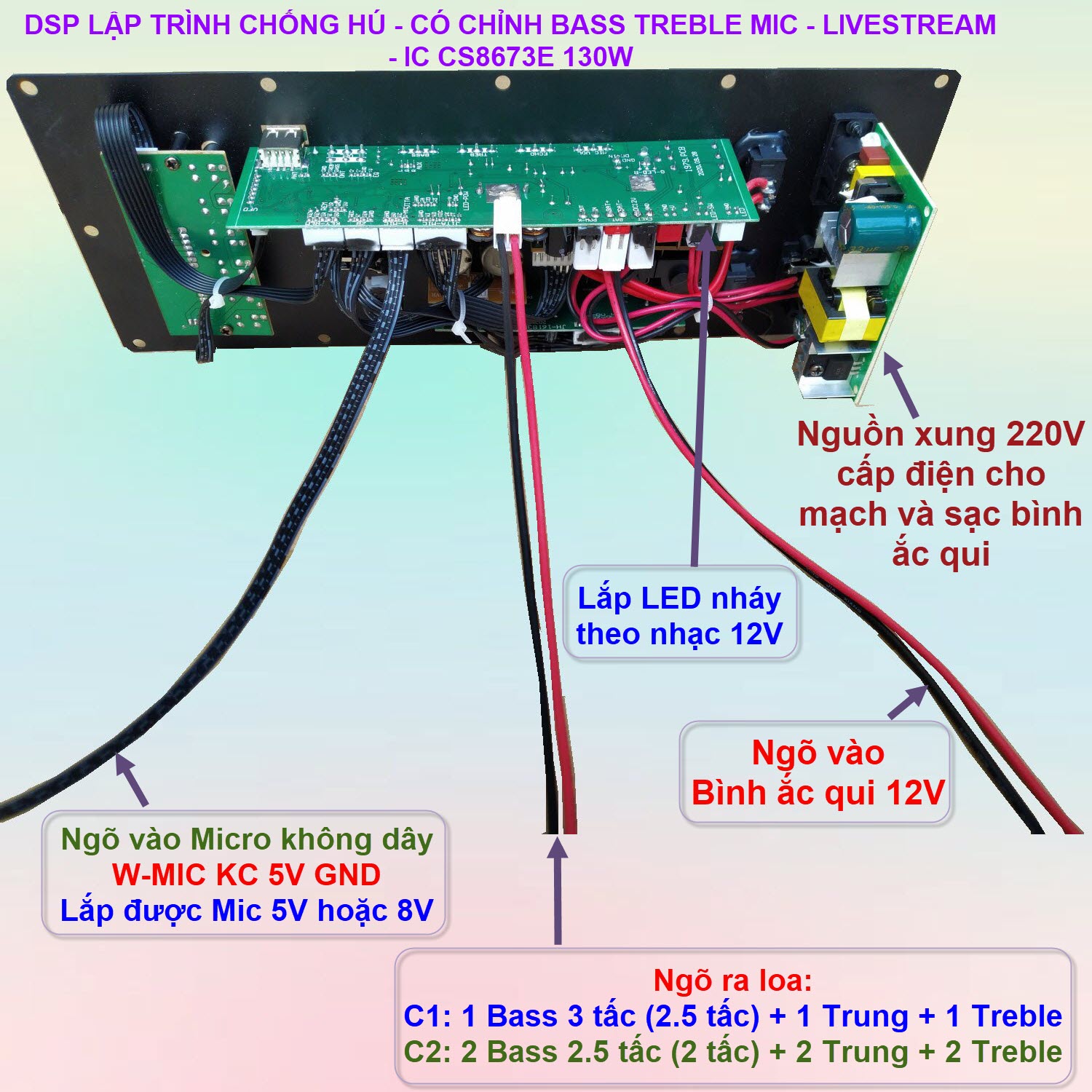 Mạch loa kéo CS8673E 130W LIVESTREAM - DSP lập trình chống hú, chỉnh Bass Treble Micro, nguồn xung 220V, loa kéo 3 tấc ĐƠN hoặc 2.5 tấc ĐÔI