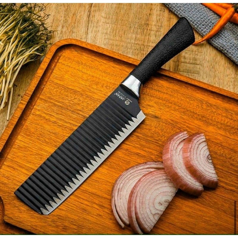 Dao đen mũi vuông ,chống dính lưỡi dao thép không rỉ ,dao bếp thiết kế gợn sóng , sắc bén ,cán dao bọc cao su chắc chắn chống trơn trượt thiết kế phù hợp với tay cầm