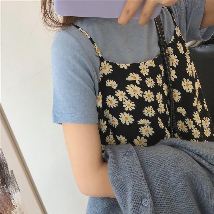Sét váy Set váy yếm hai dây hoa nhí xòe dài vintage Bộ Váy Yếm Áo Thun  Set Yếm 2 Dây Hoa