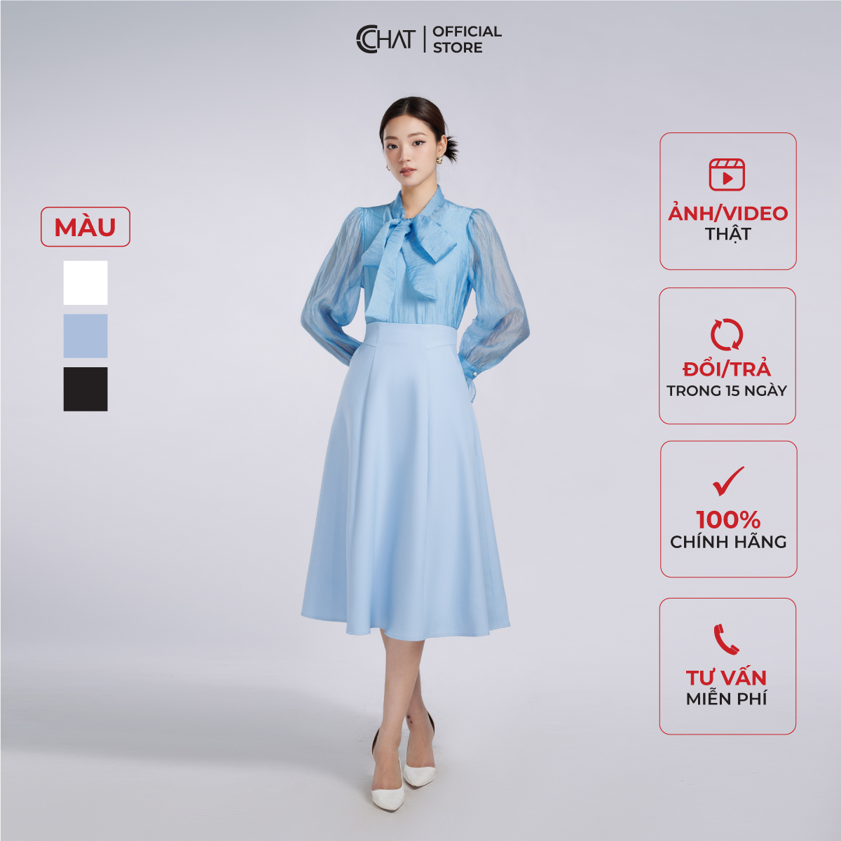 Chân Váy  Kiểu Cạp Bổ 7 Mảnh Dáng Xòe Chất Tuytsi Mềm Mịn 93CDS2007XT – trắng – L