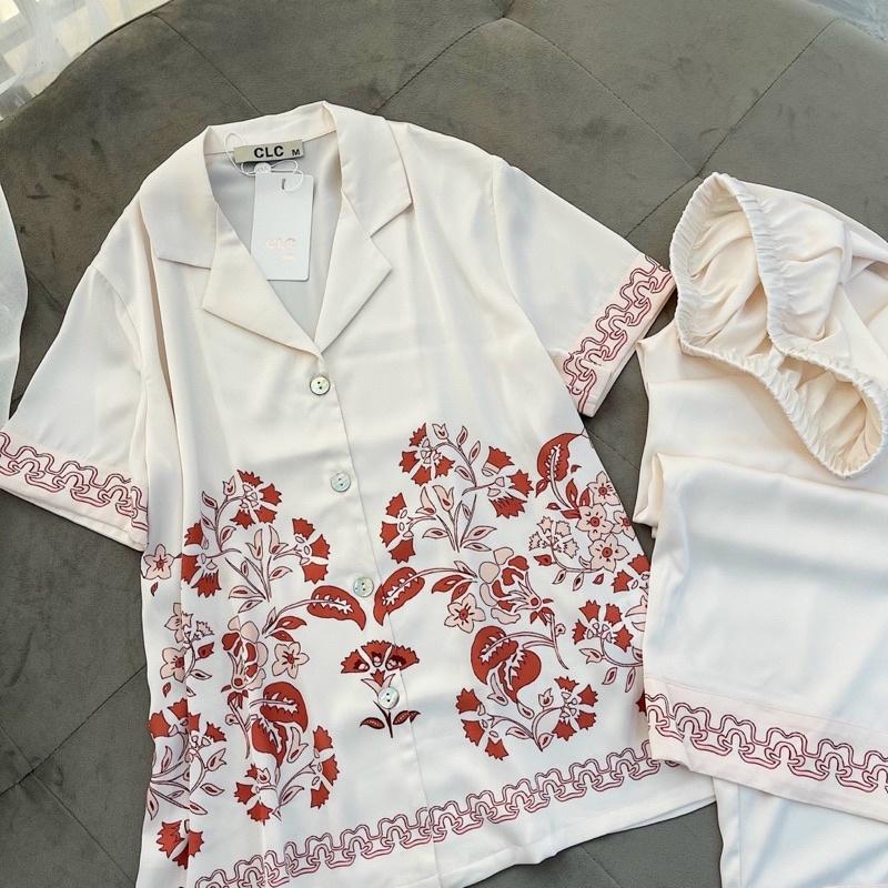 PIJAMA CỘC DÀI HOẠ TIẾT HOA LÁ QUẢNG CHÂU CAO CẤP