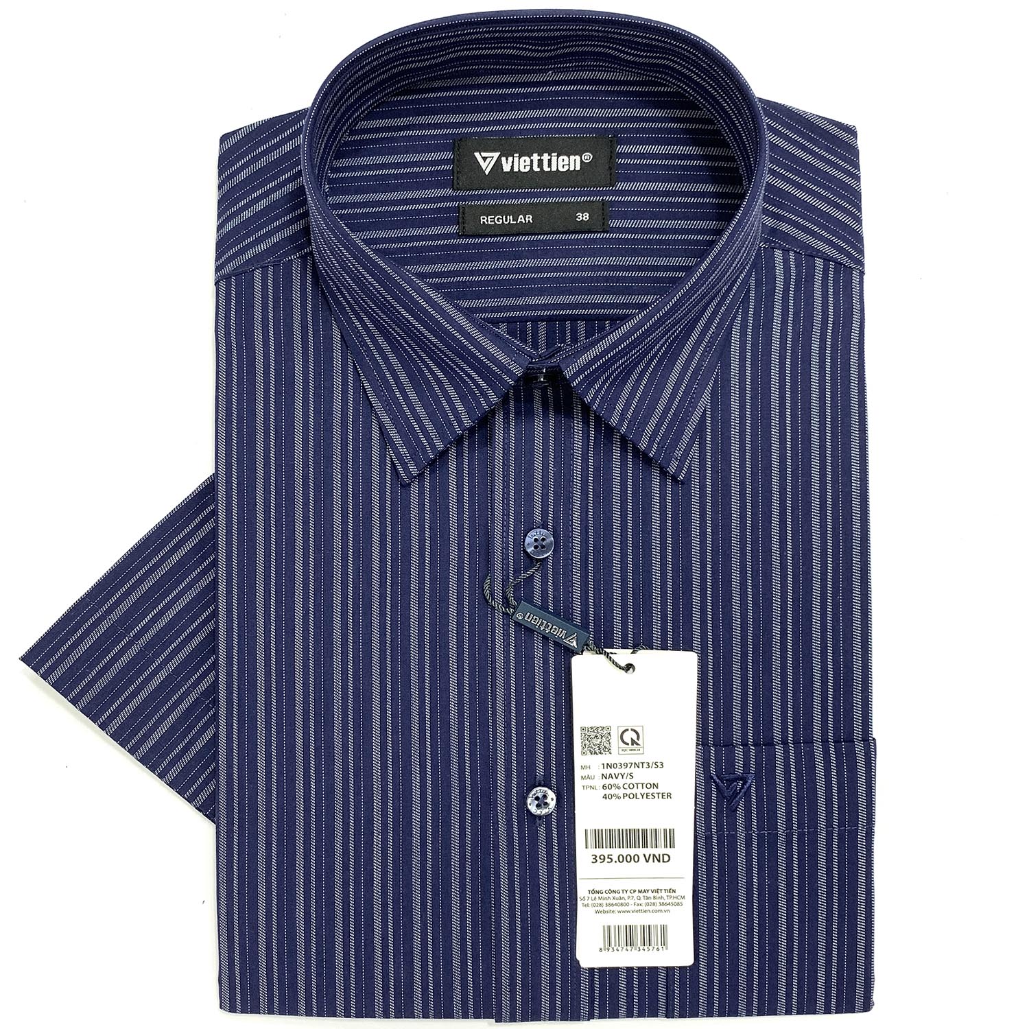 Viettien - Áo sơ mi nam ngắn tay kẻ sọc vạt bầu 1N0397 regular
