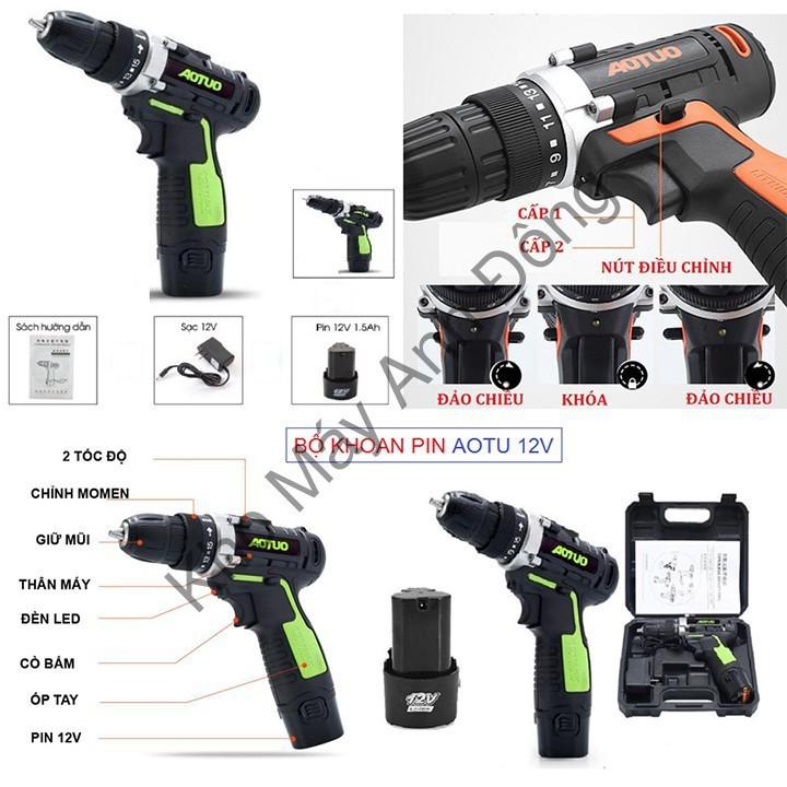 MÁY KHOAN, BẮT VÍT 2 CHIỀU AOTUO DÙNG PIN 12V