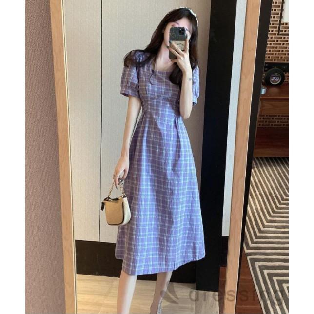 Đầm Nữ Ngắn Tay Cổ Vuông Sọc Caro Thiết Kế Thời Trang