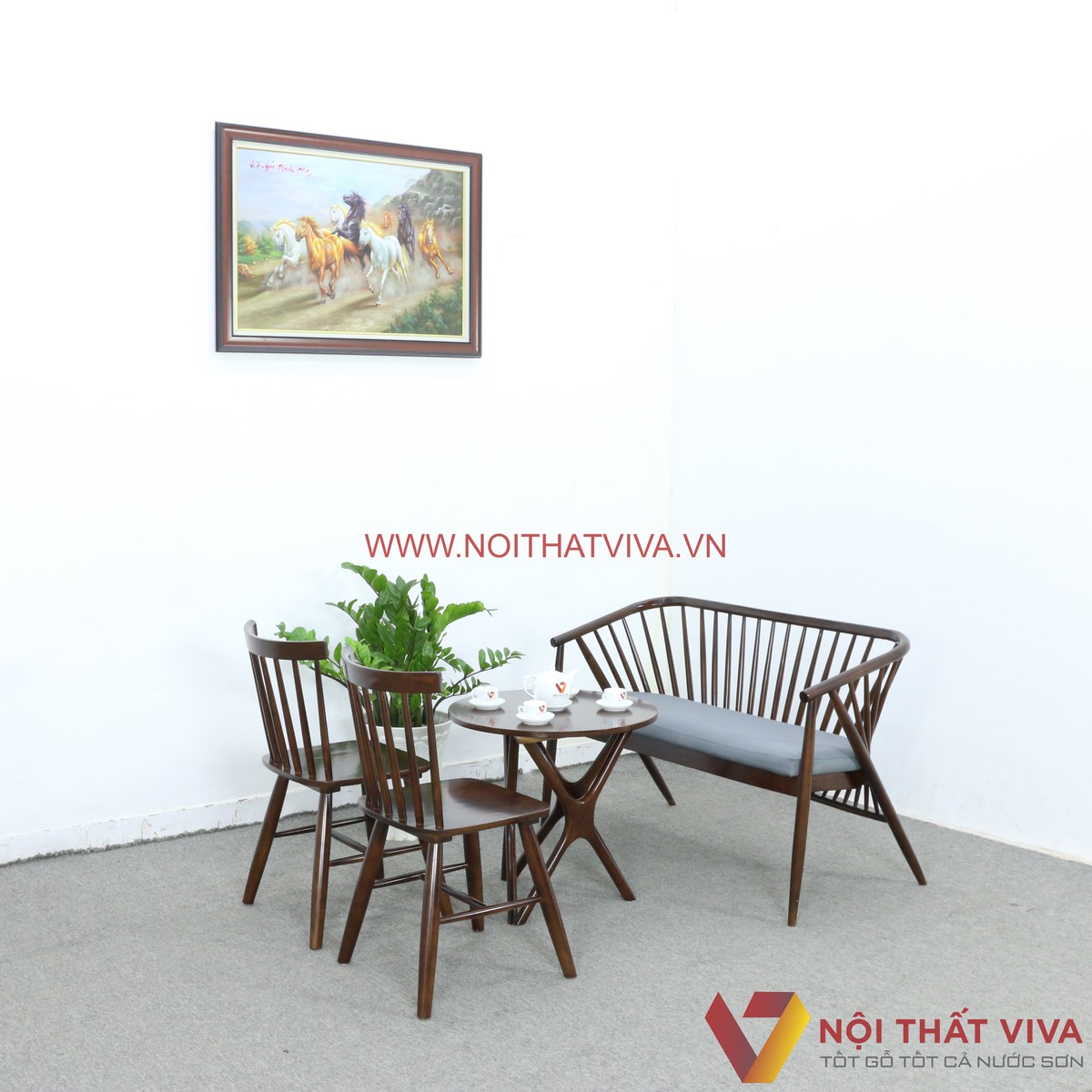 Bộ Bàn Trà Đơn Giản Ghế Nan Bọc Vải Gỗ Cao Su Màu Óc Chó Đẹp Sang Trọng