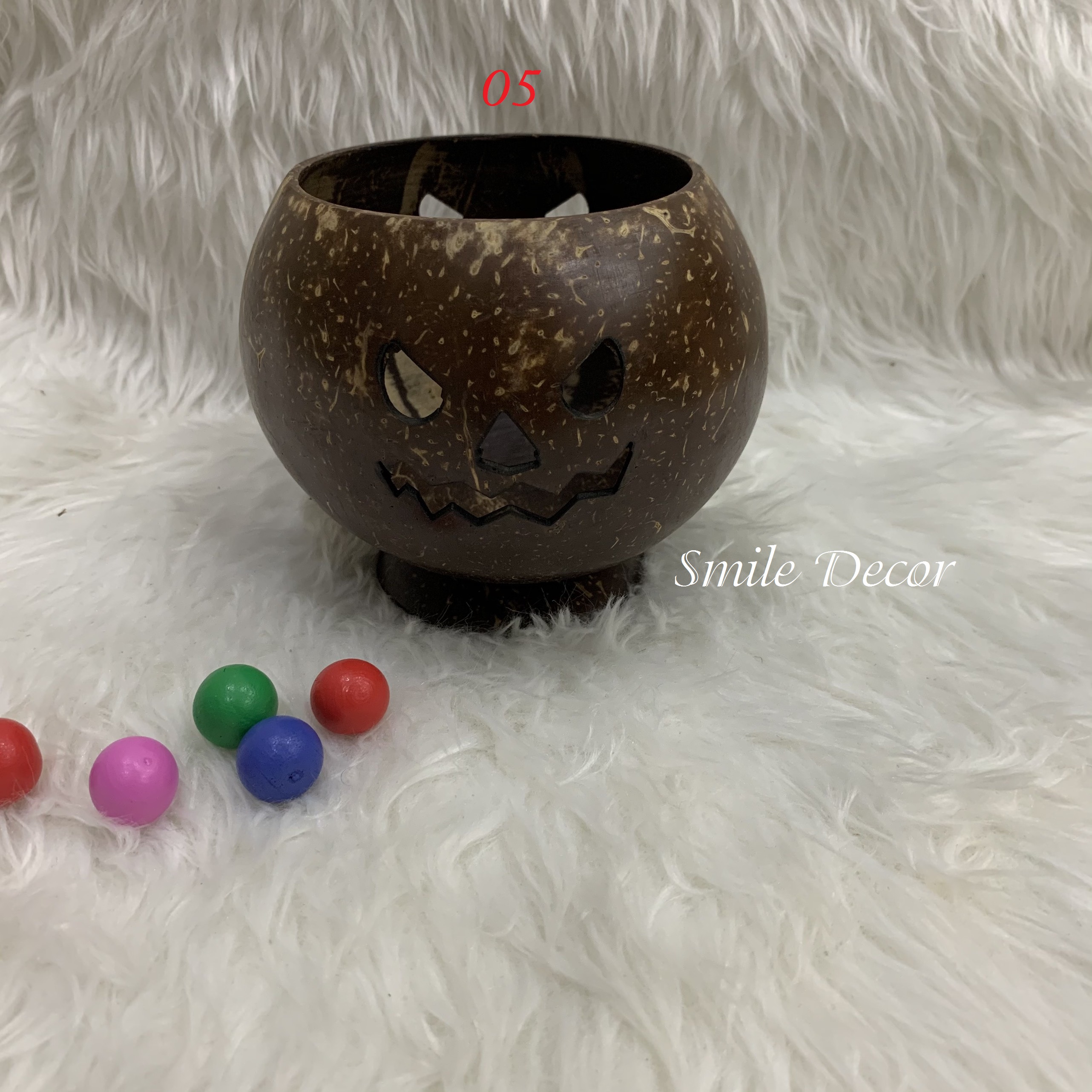 Giỏ đựng kẹo , đựng nến bằng gáo dừa Smile Decor hình bí ngô trang trí Halloween (kèm nến) - Pumpkin Halloween lantern