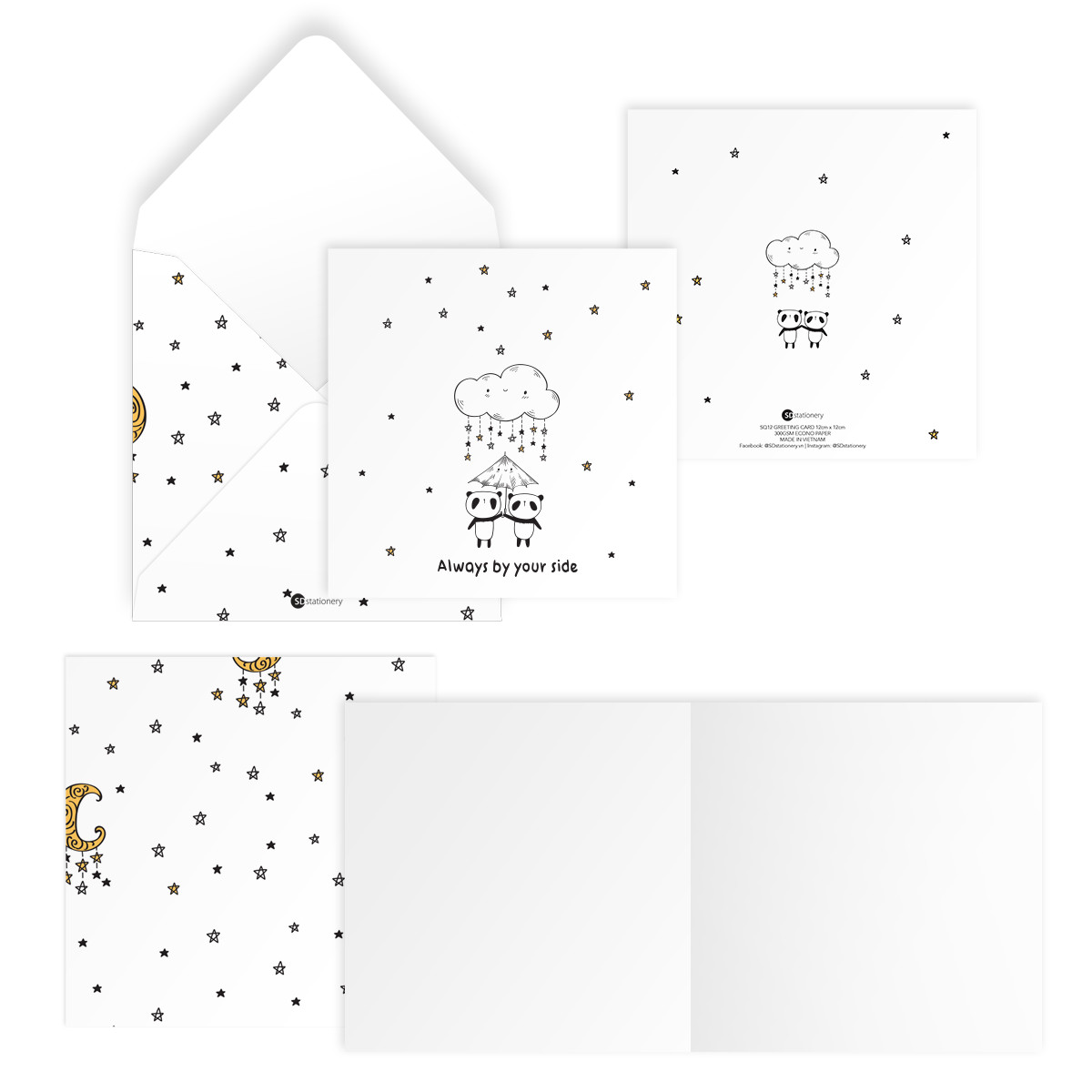 Thiệp tình bạn, tình yêu Valentine ALWAYS BY YOUR SIDE vuông 12cm SDstationery PANDA gấu trúc, dù, mây, sao