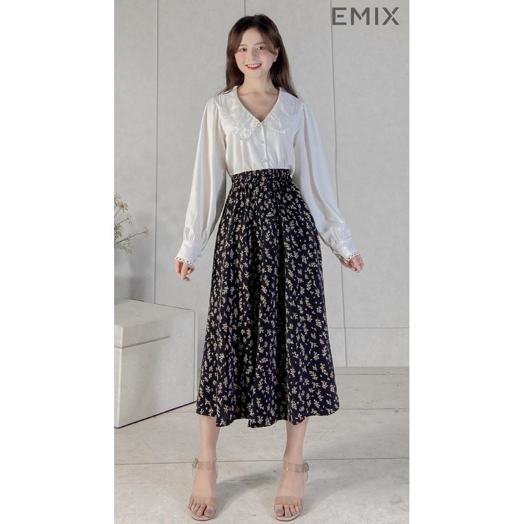 Chân váy nữ hoa nhí hoa đen EMIX , ulzzang, dáng dài, cạp chun, vải lụa mềm, co giãn, 1 lớp nhưng không lộ