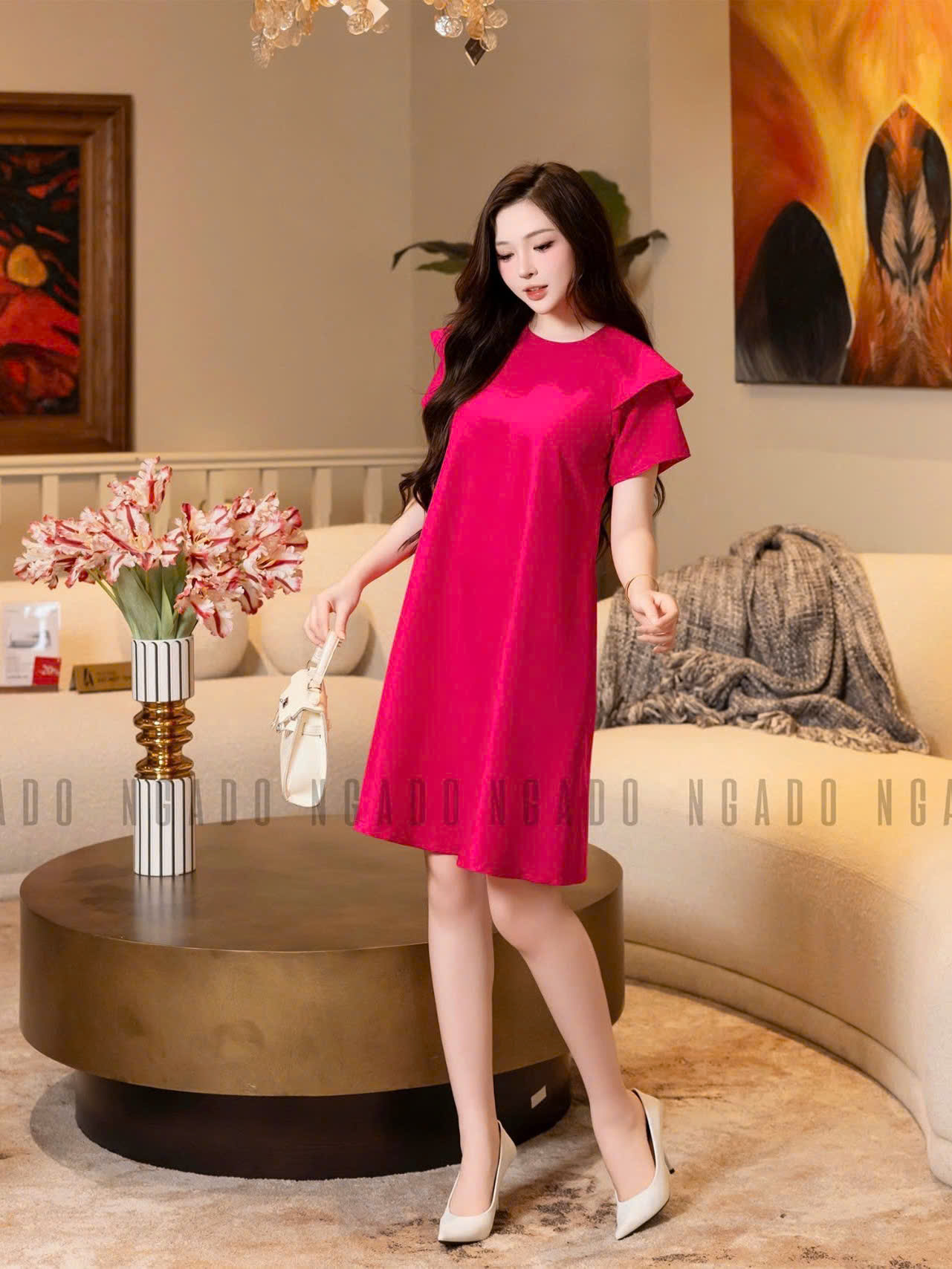 Đầm hồng sen cổ tròn NGADO , đầm dạo phố , đầm dự tiệc