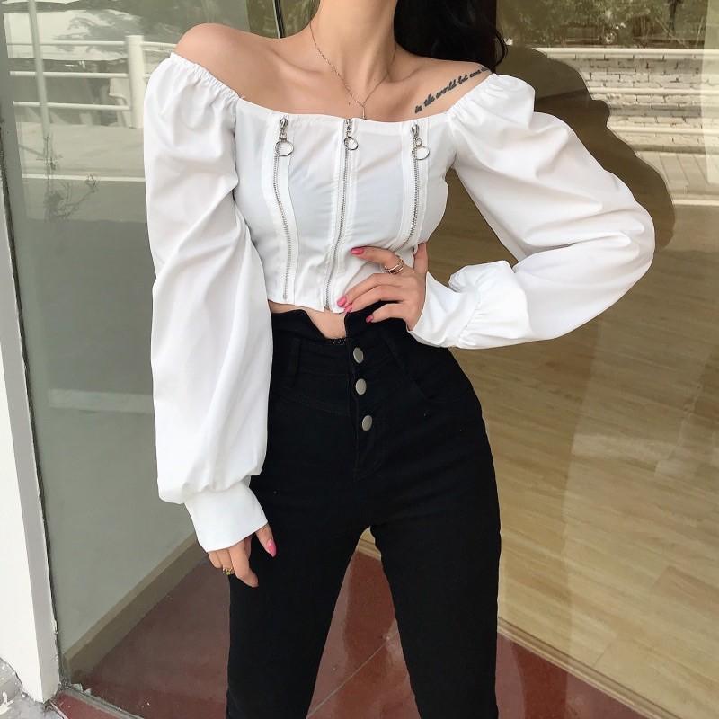 Áo trễ vai croptop khoá kéo cá tính mẫu 2021