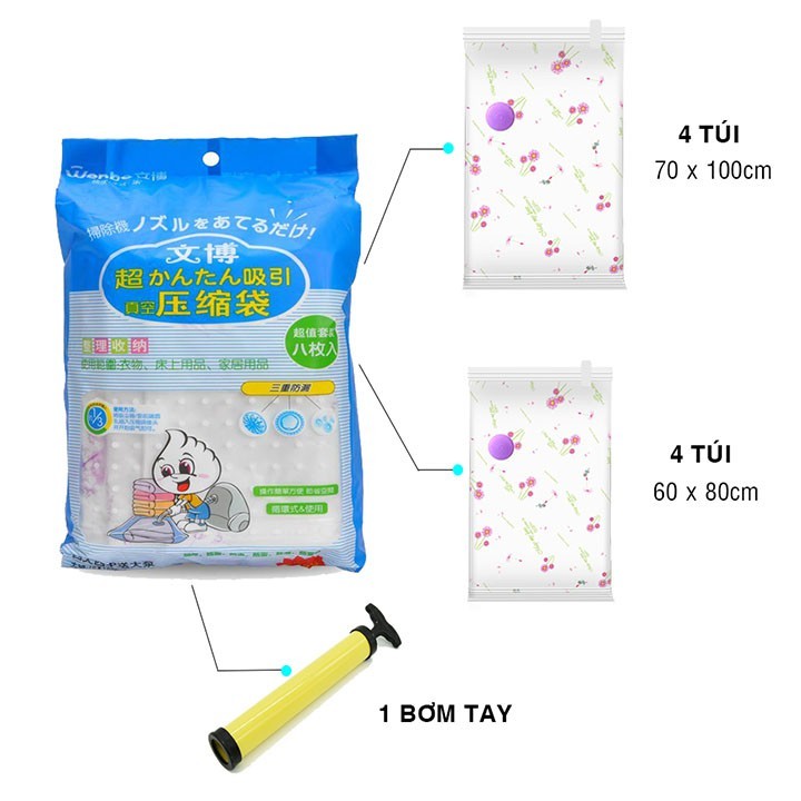 BỘ 8 TÚI HÚT CHÂN KHÔNG VỚI 8 TÚI KÍCH CỠ KHÁC NHAU ĐỂ VÀ BẢO QUẢN CÁC LOẠI CHĂN MÀN, QUẦN ÁO CHUYỂN MÙA CẤT GỌN, TIẾT KIỆM DIỆN TÍCH KHÔNG GIAN TỦ QUẦN ÁO TỐI ĐA