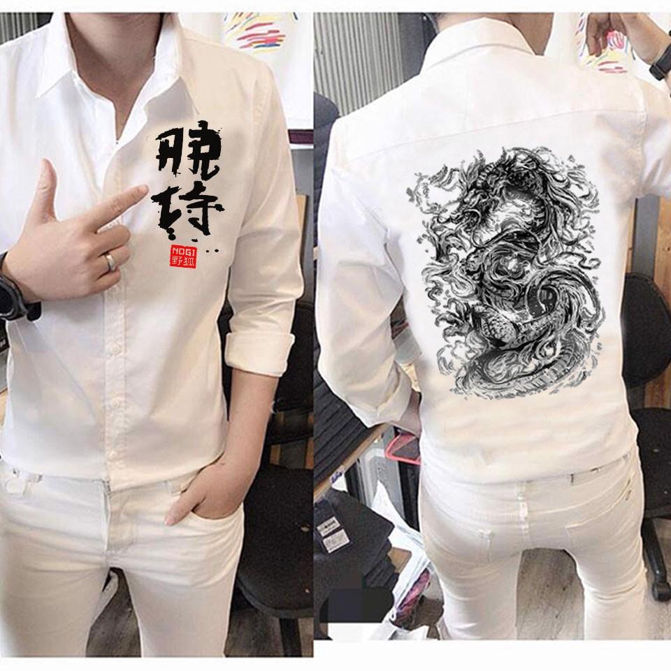 Áo sơ mi nam trắng họa tiết rồng thư pháp cực phong cách - hàng đẹp SM310