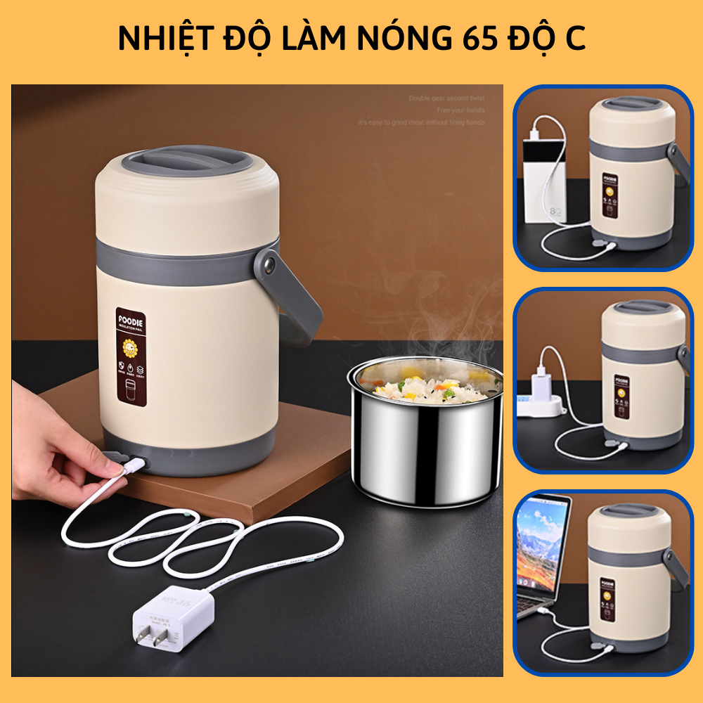 Hộp cơm giữ nhiệt cắm điện dung tích 1.6L CTFAST-A09 : Hộp cơm văn phòng 3 ngăn,  chất liệu inox 304 an toàn, sạc USB làm nóng nhiệt độ ổn định 65 độ C tiện dụng, tặng kèm phụ kiện - Hàng loại 1