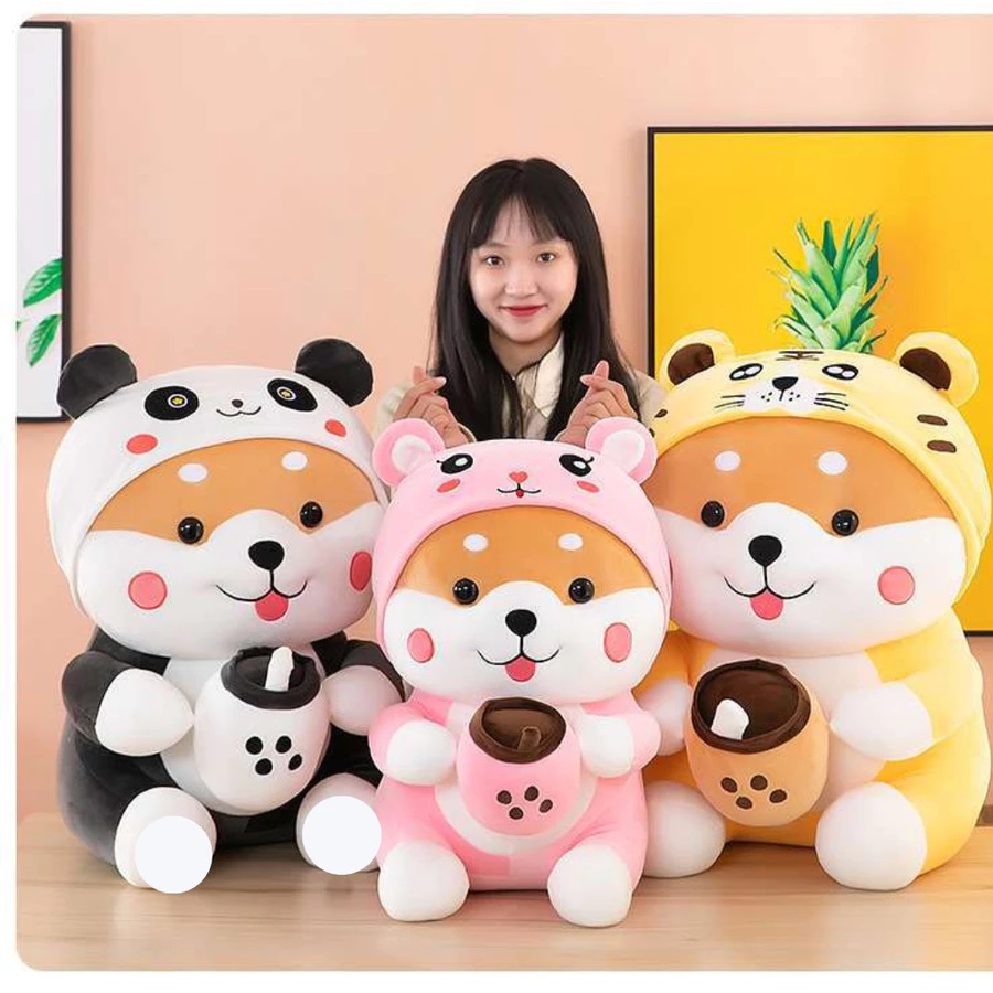 Thú nhồi bông shiba má hồng ôm bình sữa đáng yêu - Size từ 45cm đến 55cm - Quà tặng gấu bông shiba cosplay gấu trúc, thỏ êm mịn cho bé