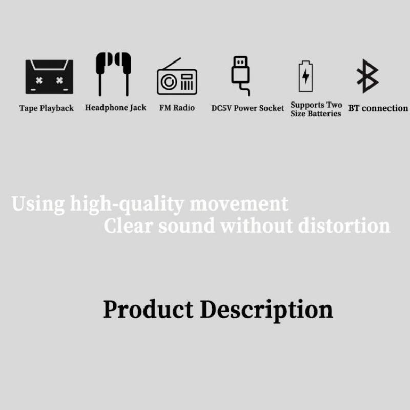 Ngoài trời Phong cách Retro hoài cổ Loa di động Bluetooth không dây Máy nghe nhạc Đài FM Máy nghe nhạc băng cassette có độ trung thực cao Caixa De Som Màu sắc: Đen